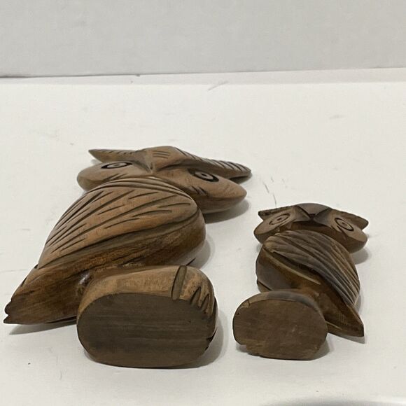 2 Adorable Hand Carved MCM Wood Owl Statue Figurines Unique Weirdo 8” & 5” - Picture 7 of 7